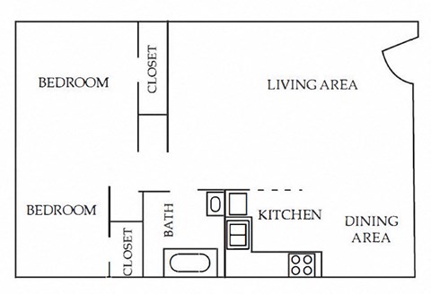 Floor plan for 1 bed, 1 bath, 750 sqft