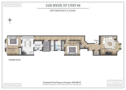 Floor plan for 2 beds, 1 bath, 1050 sqft