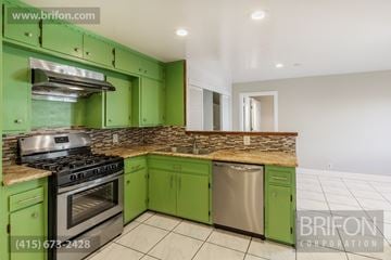 San Francisco apartment for rent - a kitchen with green cabinets and stainless steel appliances and a counter top