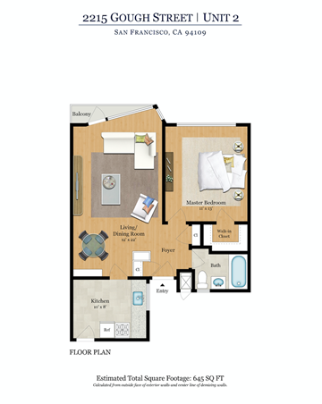 San Francisco apartment for rent - a floor plan of a unit with a bedroom and a living room