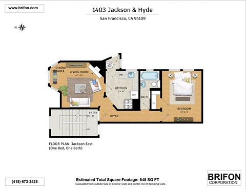Floor plan for 1 bed, 1 bath, 545 sqft