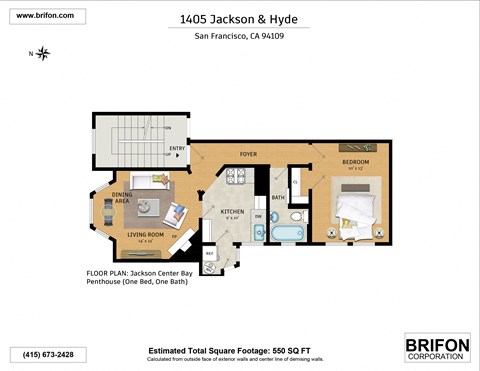 Floor plan for 1 bed, 1 bath, 550 sqft