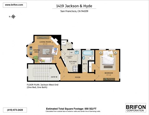 Floor plan for 1 bed, 1 bath, 554 sqft
