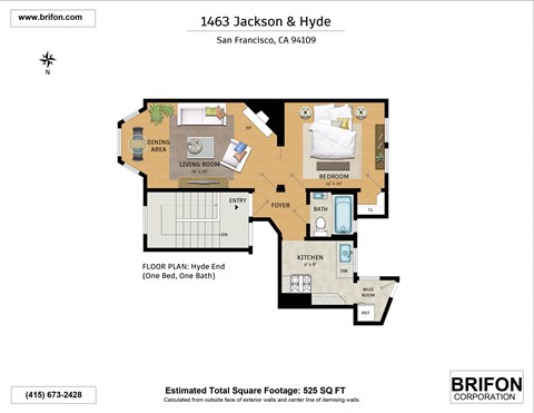 Floor plan for 1 bed, 1 bath, 525 sqft