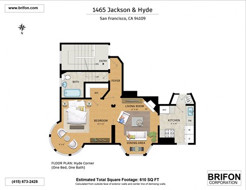 Floor plan for 1 bed, 1 bath, 610 sqft