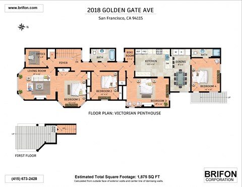 Floor plan for 3 beds, 2 baths, 1875 sqft