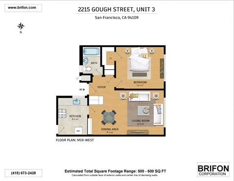Floor plan for 1 bed, 1 bath, 645 sqft