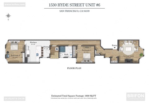 Floor plan for 2 beds, 1 bath, 1050 sqft