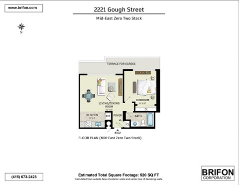 Floor plan for 1 bed, 1 bath, 520 sqft