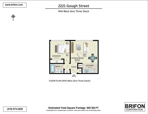 Floor plan for 1 bed, 1 bath, 505 sqft