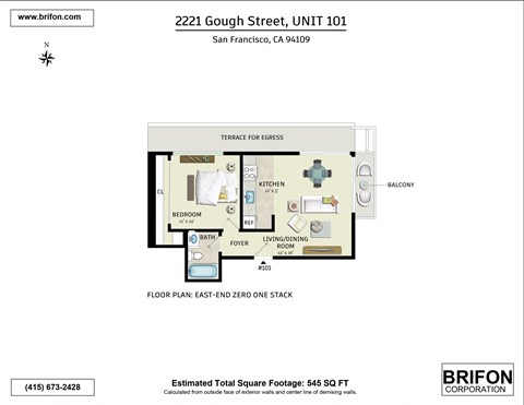 Floor plan for 1 bed, 1 bath, 545 sqft