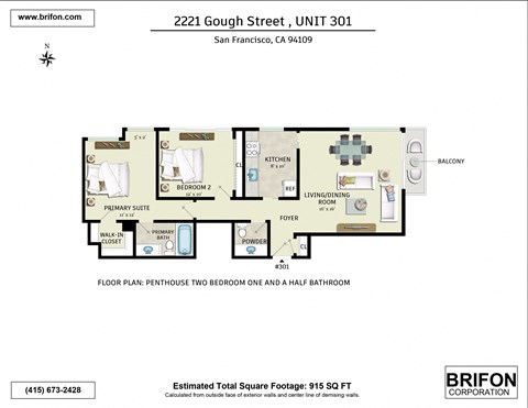 Floor plan for 2 beds, 1.5 baths