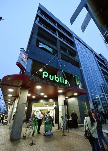 A building with people standing outside of it