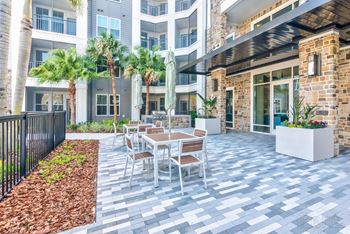 Poolside patio with tables and seating.