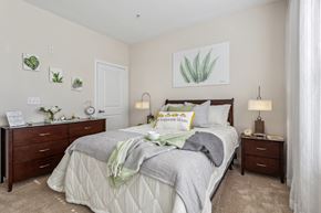 Suffolk apartment for rent - a bedroom with a bed and two dressers at Hampton Roads Crossing, Virginia, 23435