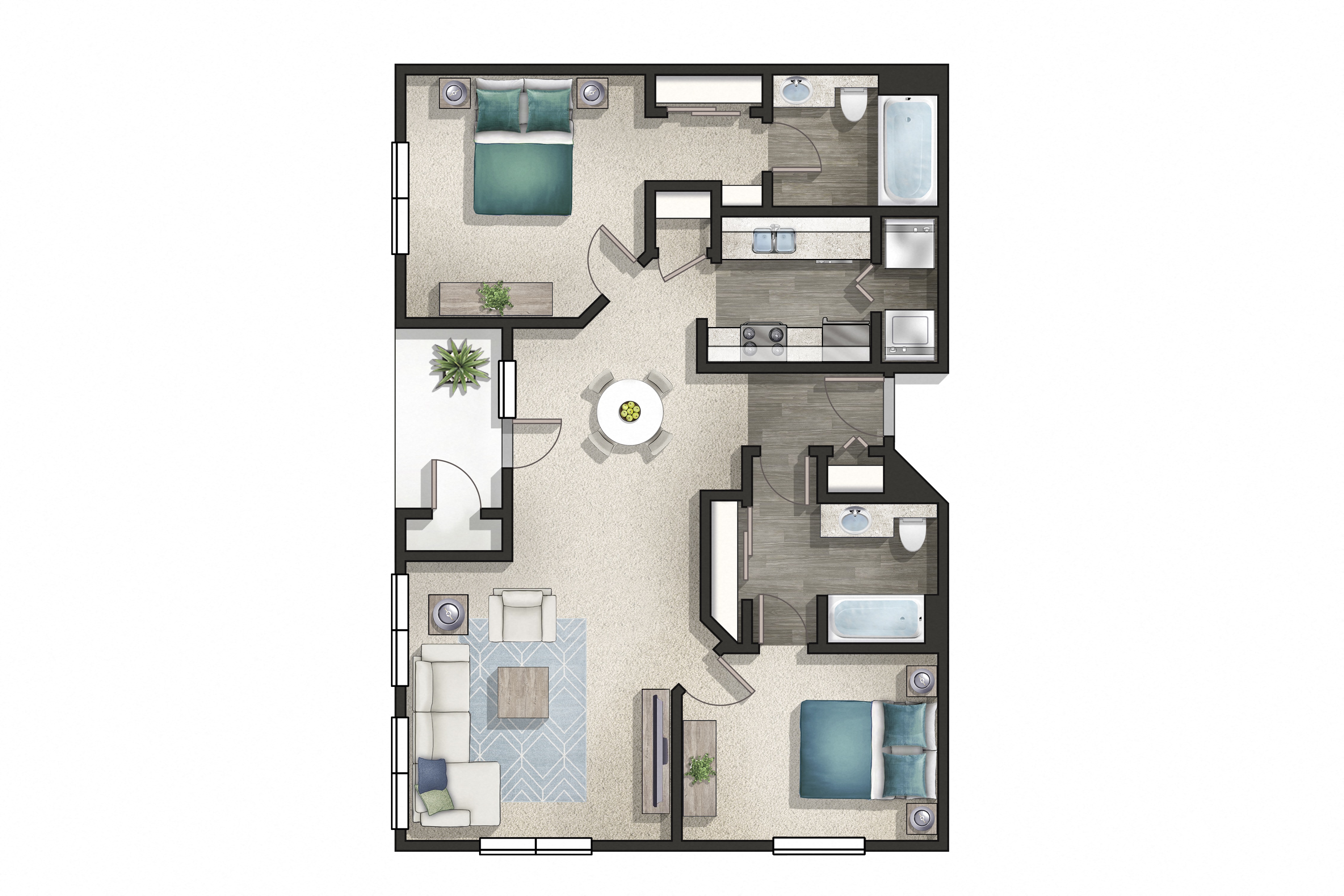 Floor plan for 2 beds, 2 baths, 1185 sqft