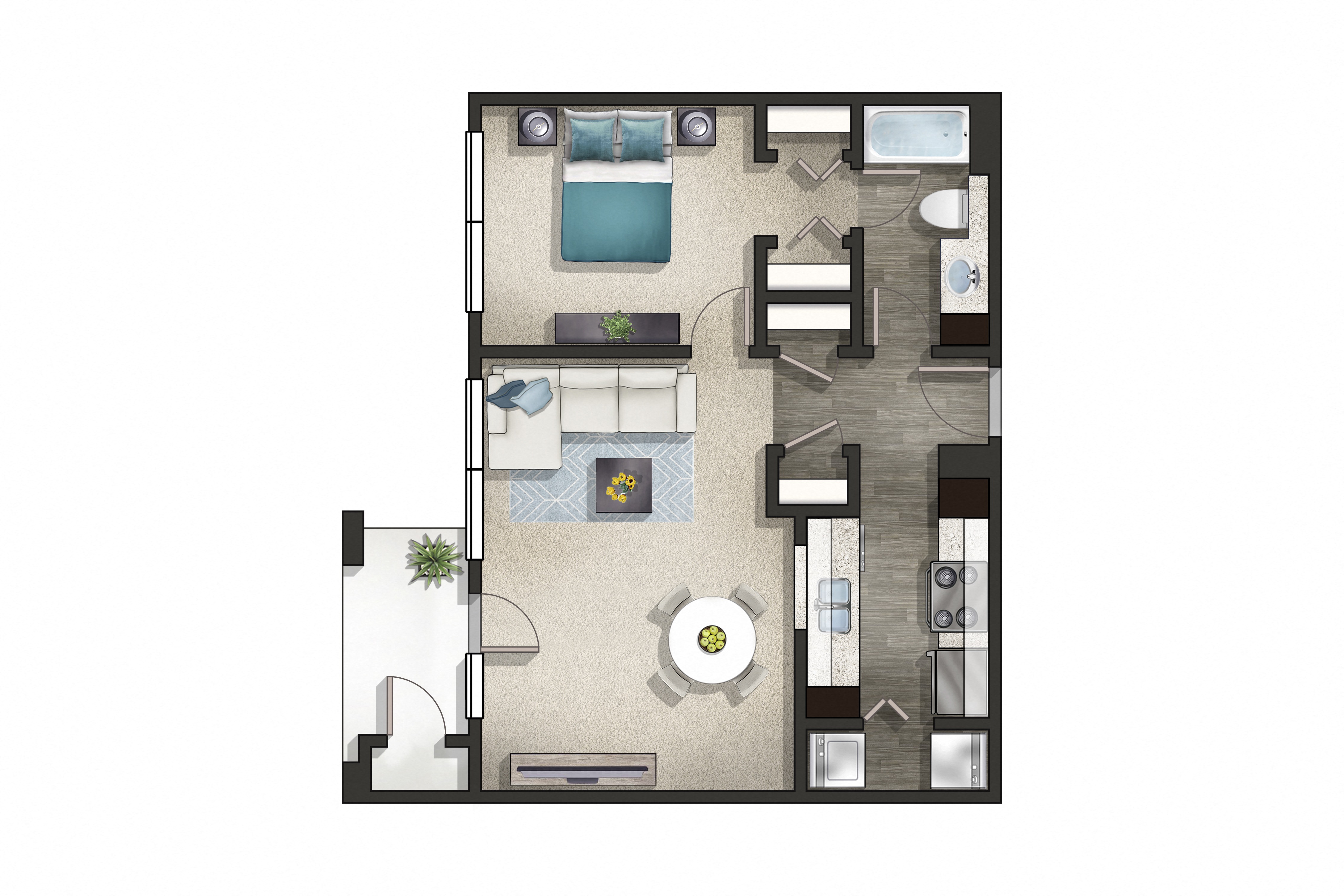 Floor plan for 1 bed, 1 bath, 768 sqft