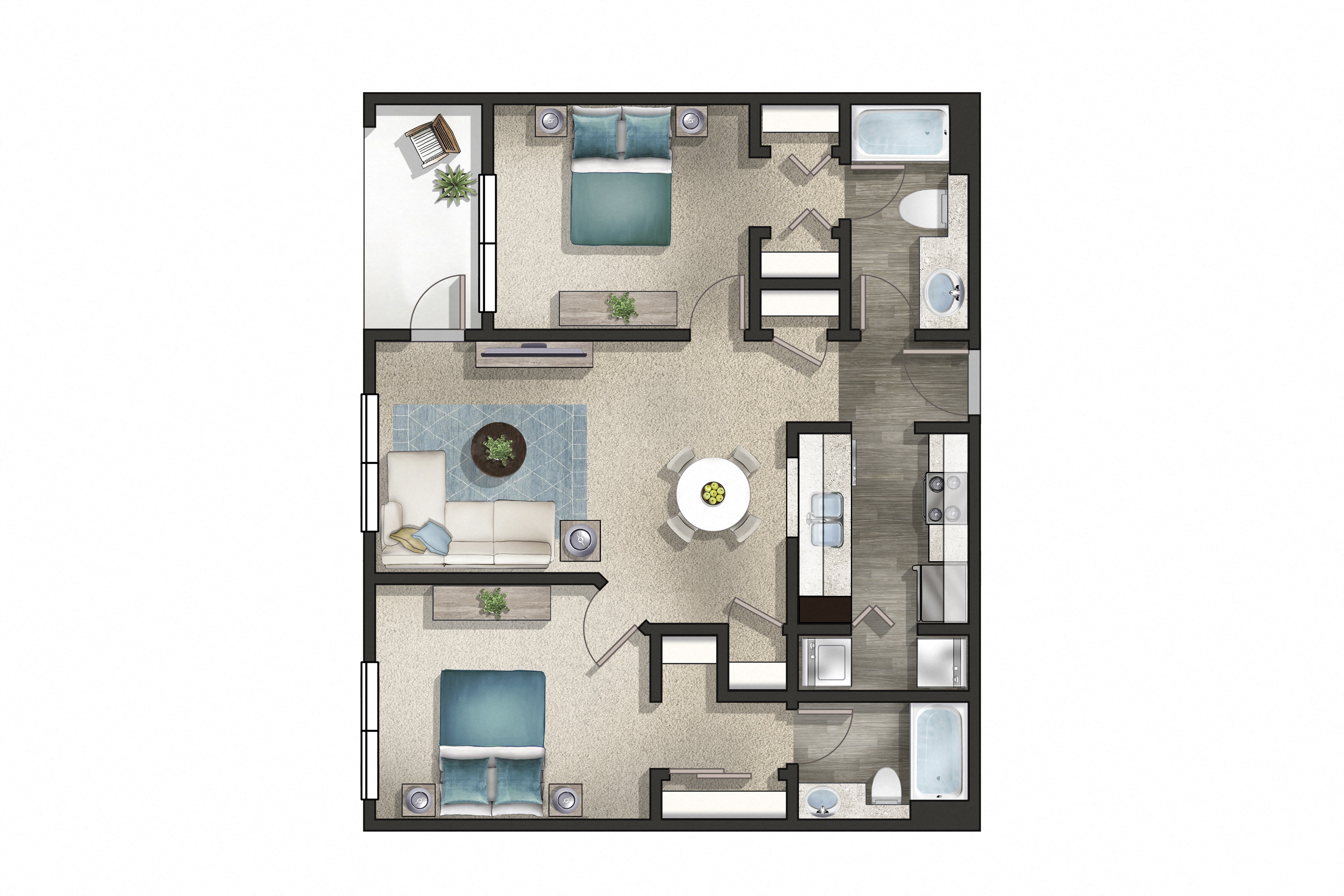 Floor plan for 2 beds, 2 baths, 990 sqft