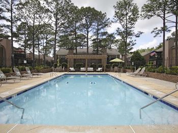 Swimming pool and sundeck with pergola and chaise lounges.