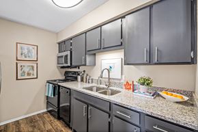 Mobile apartment for rent - a kitchen with granite counter tops and dark cabinets at 701 South Apartments in Mobile, AL