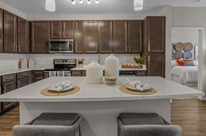 Baton Rouge apartment for rent - a kitchen with brown cabinets and a white counter top