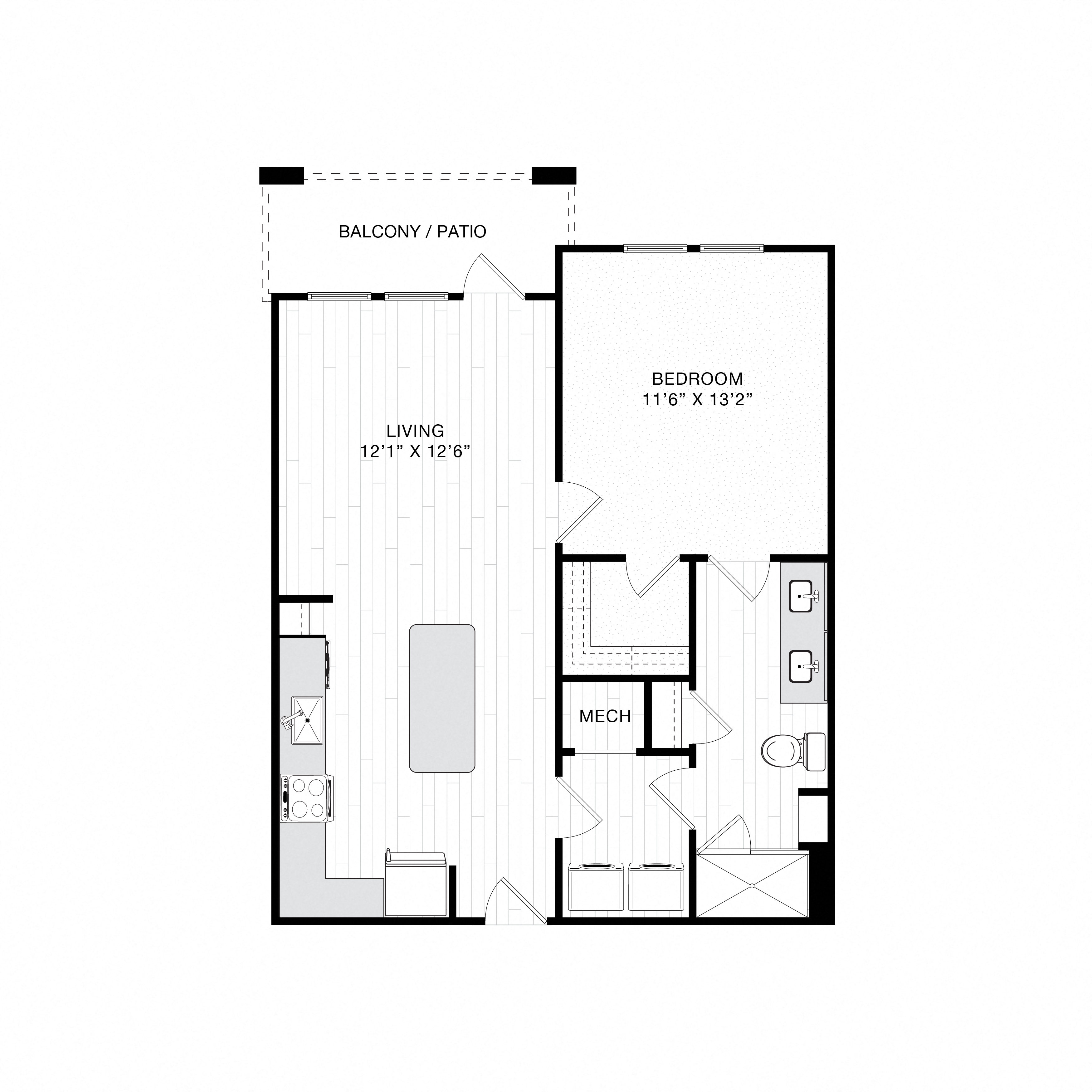Floor plan for 1 bed, 1 bath, 731 sqft