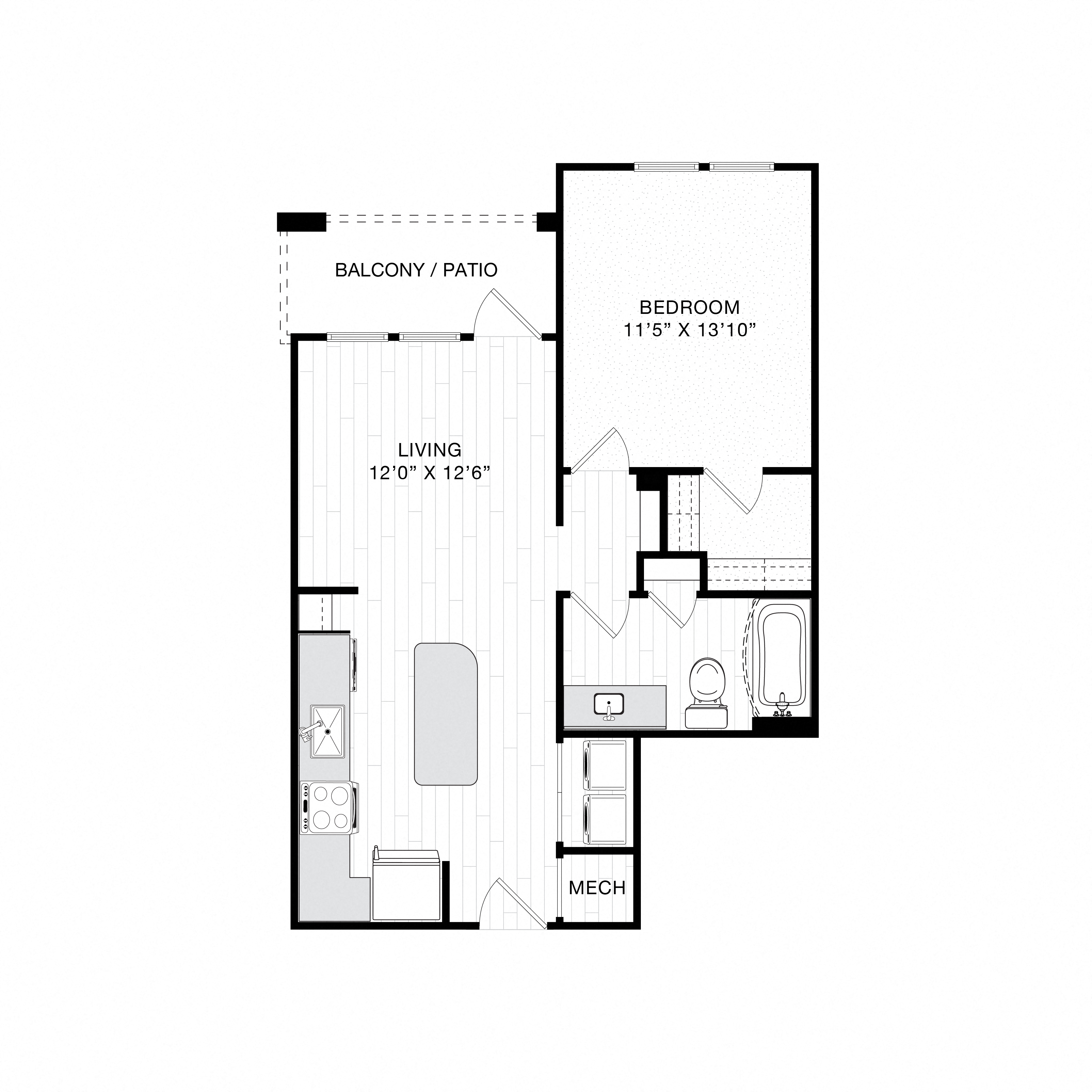 Floor plan for 1 bed, 1 bath, 728 sqft