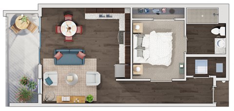 Floor plan for 1 bed, 1 bath, 775 sqft