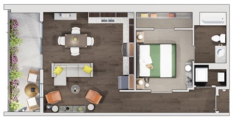 Floor plan for 1 bed, 1 bath, 828 sqft