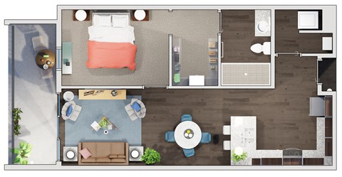 Floor plan for 1 bed, 1 bath, 897 sqft