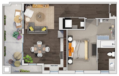 Floor plan for 1 bed, 1 bath, 955 sqft