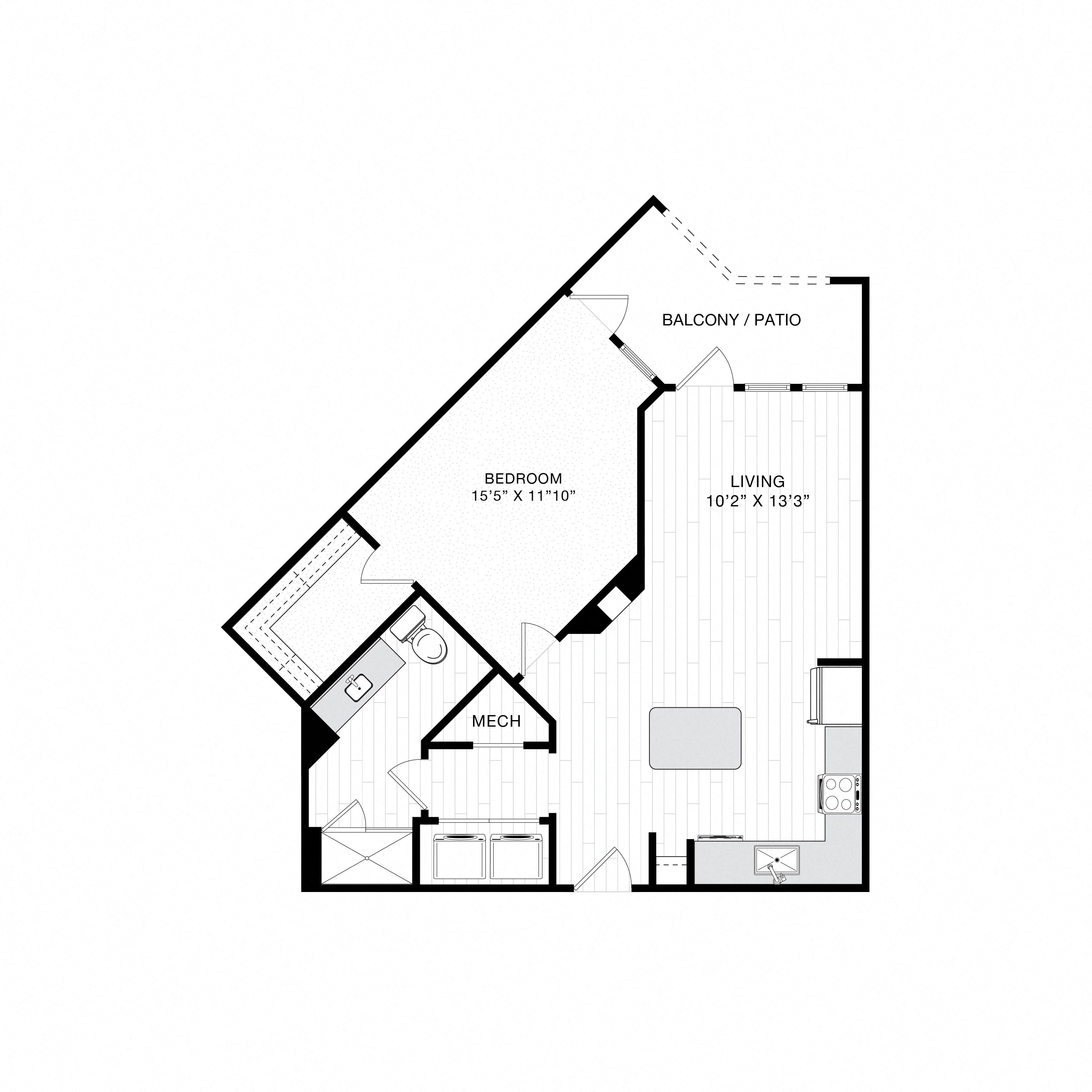Floor plan for 1 bed, 1 bath, 744 sqft