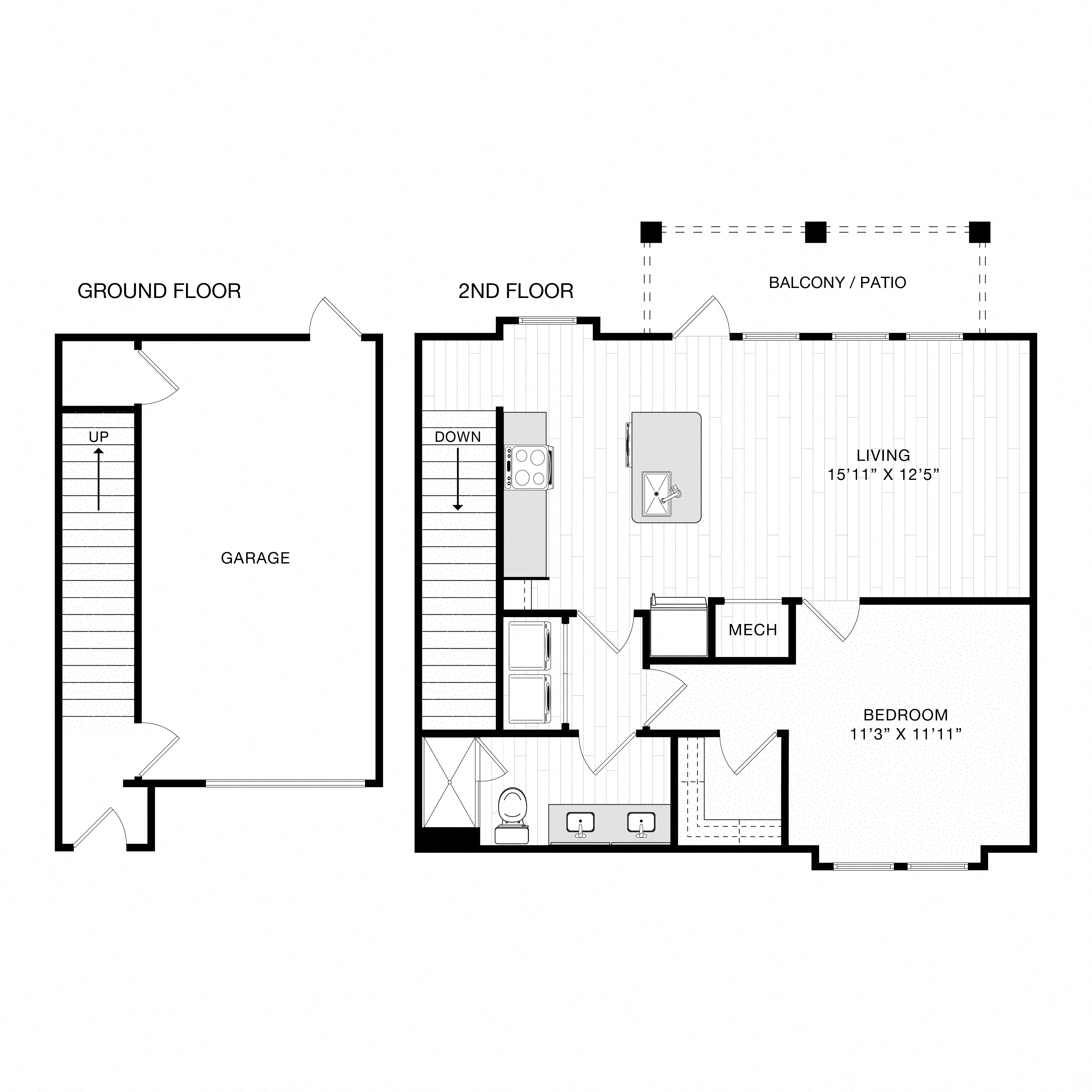 Floor plan for 1 bed, 1 bath, 788 sqft