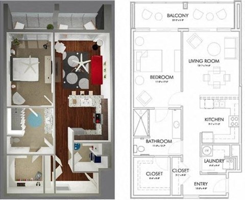 Floor plan for 1 bed, 1 bath, 1139 sqft