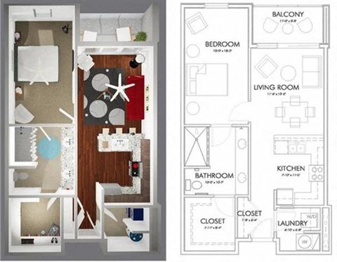 Floor plan for 1 bed, 1 bath, 863 sqft