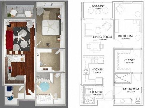 Floor plan for 1 bed, 1 bath, 879 sqft