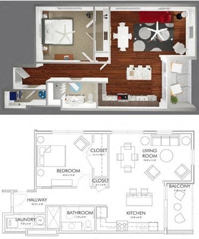 Floor plan for 1 bed, 1 bath, 949 sqft