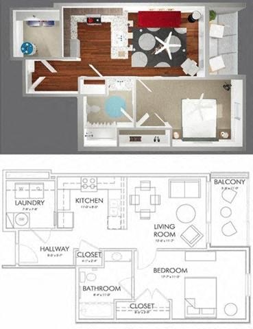 Floor plan for 1 bed, 1 bath, 819 sqft