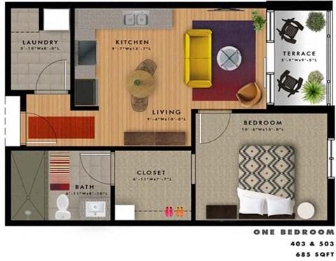 Floor plan for 1 bed, 1 bath, 685 sqft