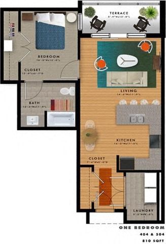 Floor plan for 1 bed, 1 bath, 810 sqft