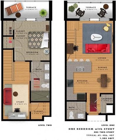 Floor plan for 1 bed, 1.5 baths, 1205 sqft