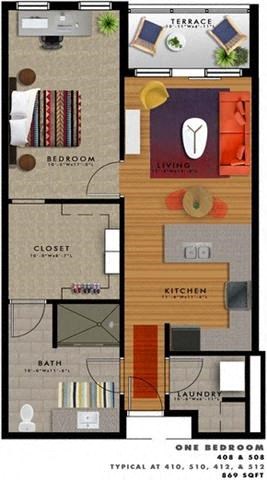 Floor plan for 1 bed, 1 bath, 869 sqft