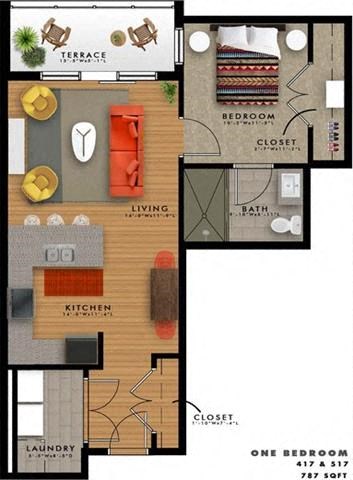 Floor plan for 1 bed, 1 bath, 787 sqft
