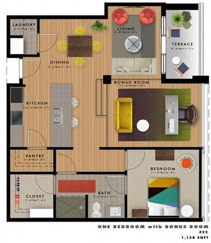 Floor plan for 1 bed, 1 bath, 1158 sqft