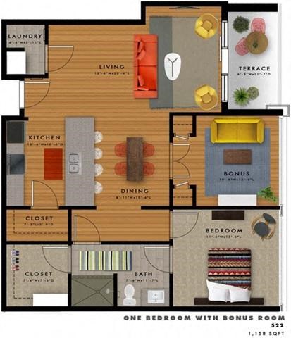 Floor plan for 1 bed, 1 bath, 1158 sqft
