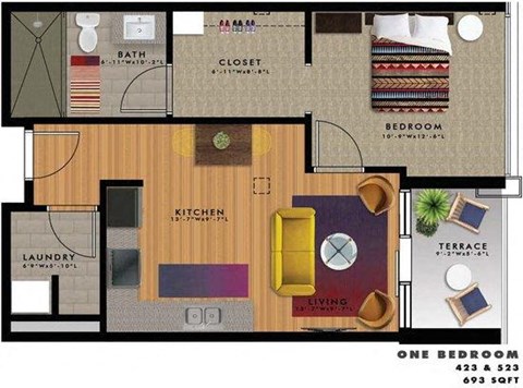 Floor plan for 1 bed, 1 bath, 693 sqft