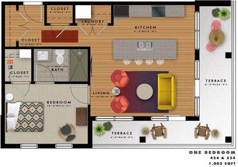 Floor plan for 1 bed, 1 bath, 1003 sqft