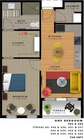 Floor plan for 1 bed, 1 bath, 768 sqft