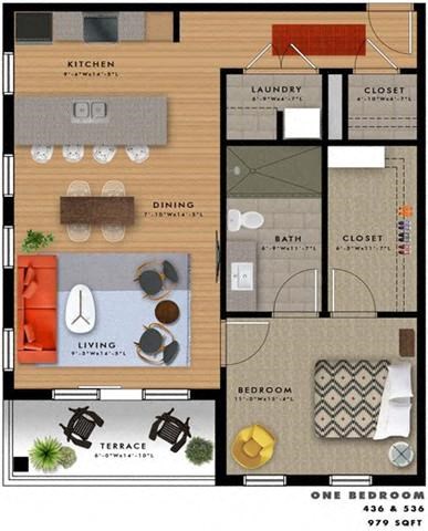 Floor plan for 1 bed, 1 bath, 979 sqft