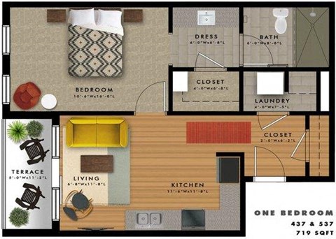Floor plan for 1 bed, 1 bath, 719 sqft